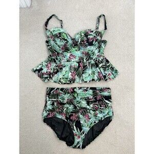 Torrid 2 Piece Bikini Womens 2 2X High Waist Swimsuit Peplum Tankini Tropical